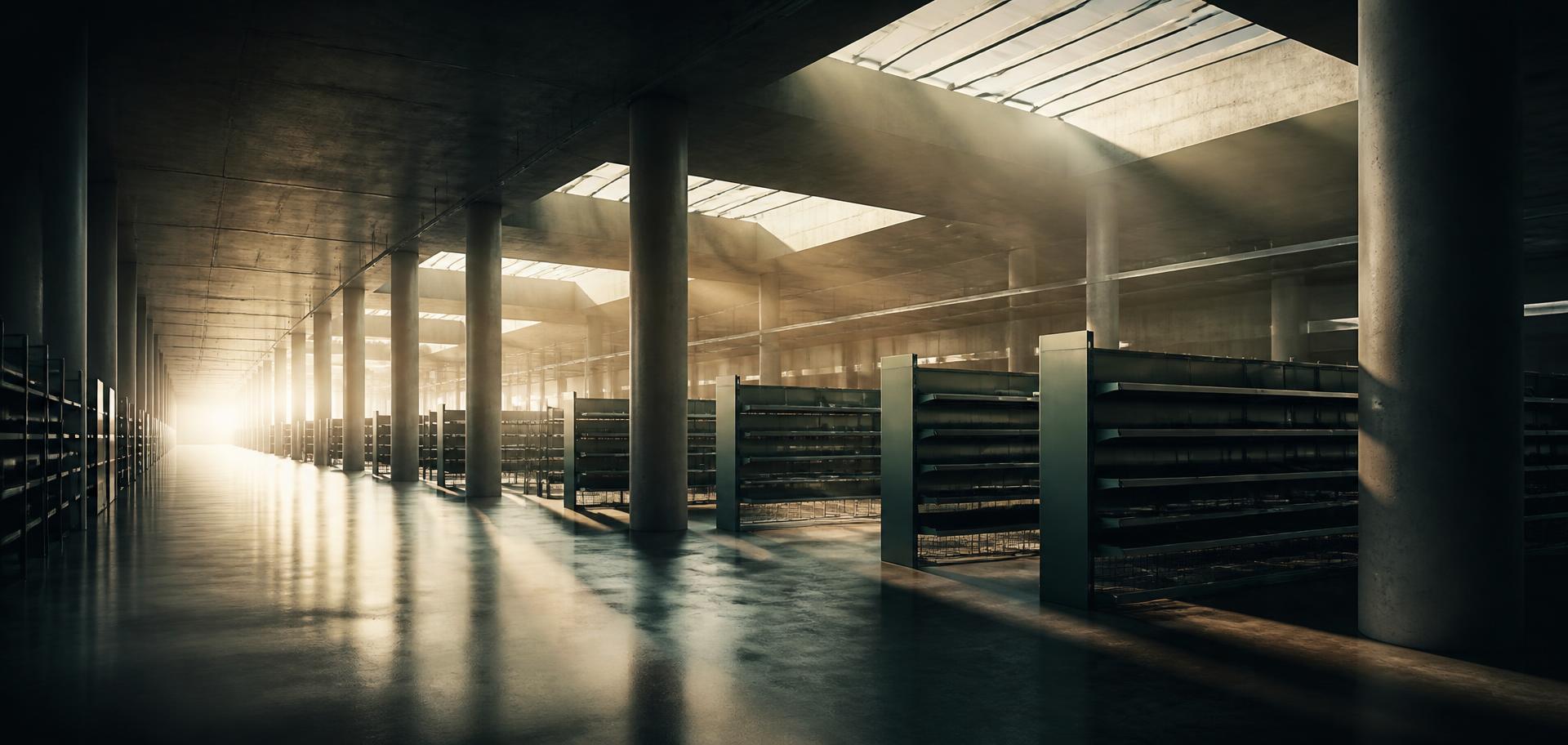 Dawn light across the aisles of an empty hypermarket interior